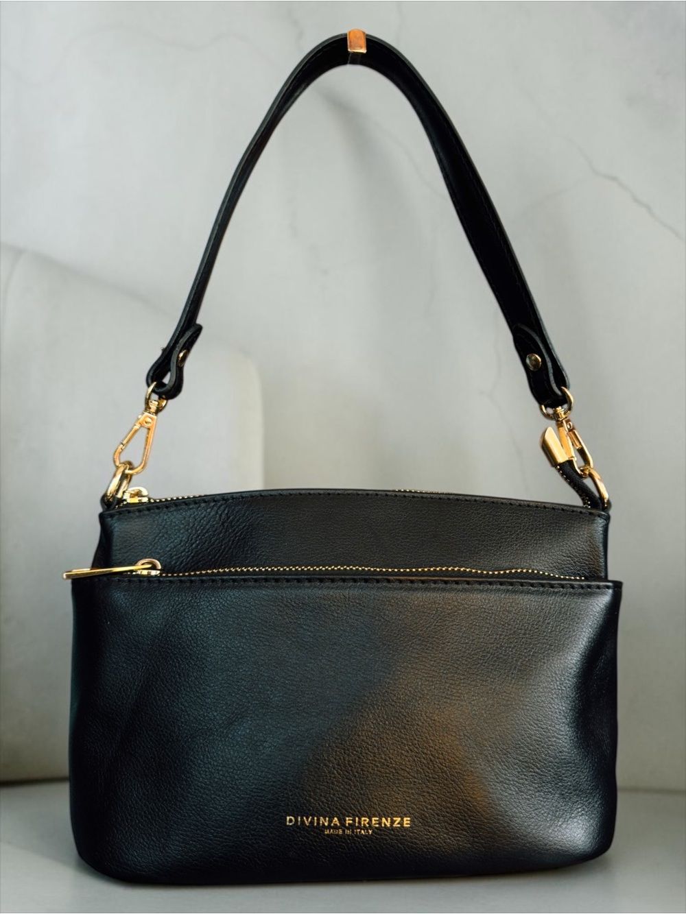 Divina Firenze Lilla Triple-Zip Black Italian Pebbled Leather Shoulder Bag.